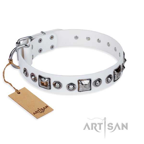 Genuine leather dog collar made of gentle to touch material with strong D-ring