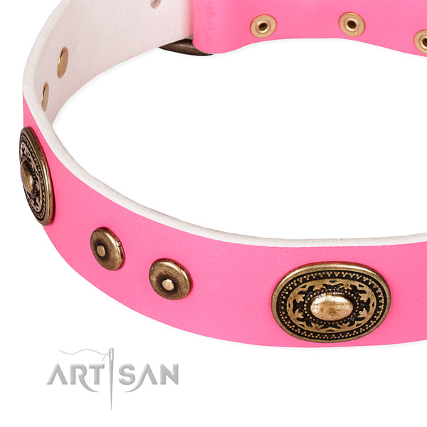 Full grain genuine leather dog collar made of soft to touch material with decorations