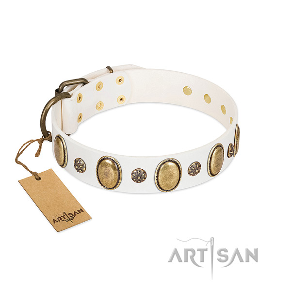 Walking flexible genuine leather dog collar with decorations