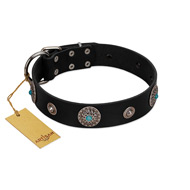 (image for) "Blue Gems" FDT Artisan Black Leather American Bulldog Collar with Chrome Plated Studs and Conchos