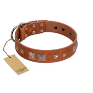 (image for) "Egyptian Gifts" Handmade FDT Artisan Tan Leather American Bulldog Collar with Chrome-plated Pyramids
