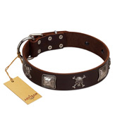 (image for) "Nut-Brown Finery" Embellished FDT Artisan Brown Leather American Bulldog Collar with Chrome Plated Crossbones and Plates
