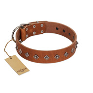 (image for) "Broadway" Handmade FDT Artisan Tan Leather American Bulldog Collar with Dotted Pyramids