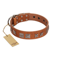 (image for) "Antique Figures" FDT Artisan Tan Leather American Bulldog Collar with Silver-like Engraved Plates