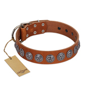 (image for) "Velvet Kiss" Handmade FDT Artisan Tan Leather American Bulldog Collar with Vintage Medallions
