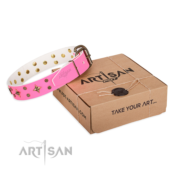 Adorned full grain natural leather dog collar for easy wearing