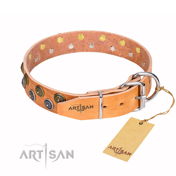 Handy use natural genuine leather collar with studs for your pet