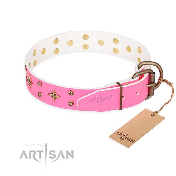Daily use natural genuine leather collar with adornments for your four-legged friend