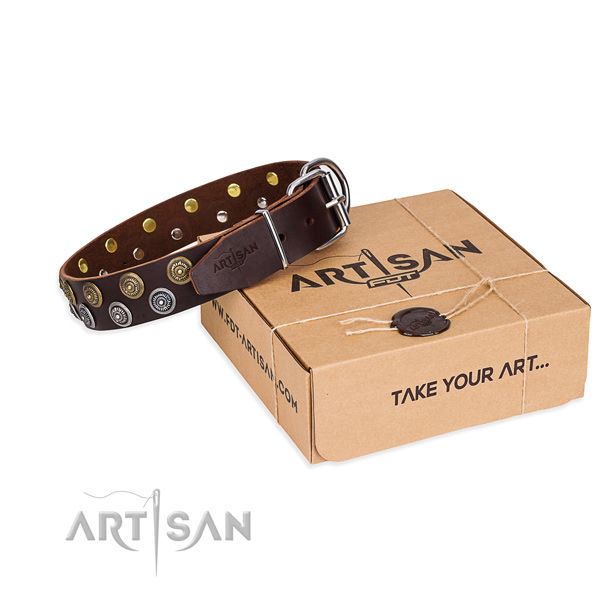 Full grain genuine leather dog collar with decorations for stylish walking