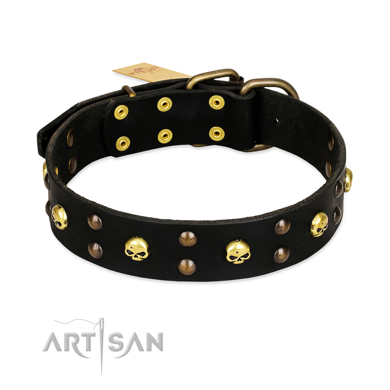 (image for) FDT Artisan 'Heavy Metal' Leather American Bulldog Collar with Skulls and Studs 1 1/2 inch (40 mm)