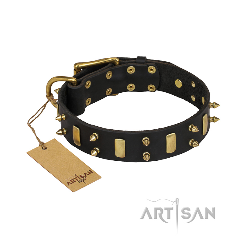 (image for) "Medieval Style" FDT Artisan Leather American Bulldog Collar with Brass Plates and Spikes
