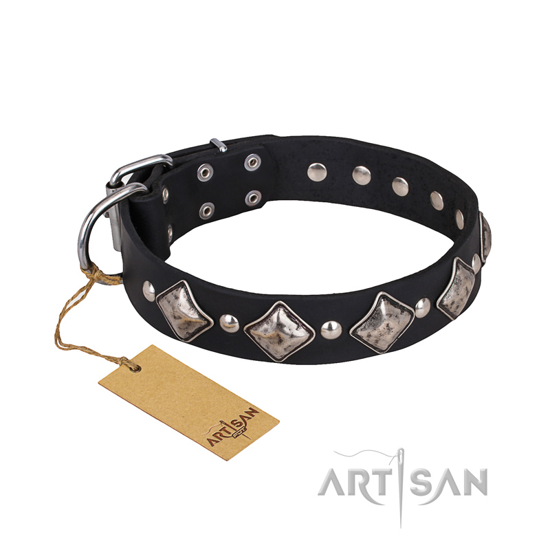 (image for) 'Silver Charm' FDT Artisan Leather Dog Collar with Studs and Plates for American Bulldog