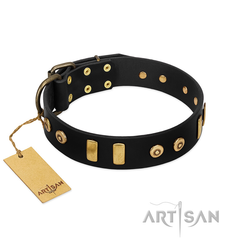 (image for) "Rare Dog" FDT Artisan Black Leather American Bulldog Collar with Old Bronze-like Dotted Studs and Tiles