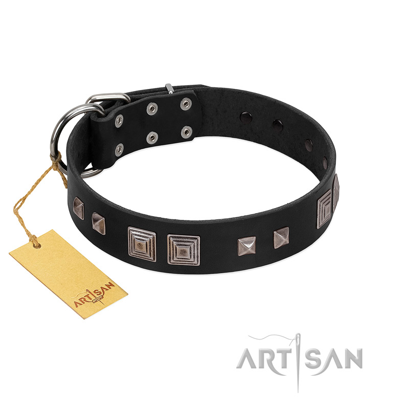 (image for) "Foregone Riches" FDT Artisan Black Leather American Bulldog Collar with Old Silver-like Square Studs and Pyramids