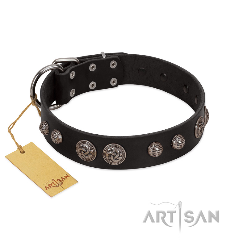 (image for) "Tricky Ricky" FDT Artisan Black Leather American Bulldog Collar Adorned with Silver-Like Conchos