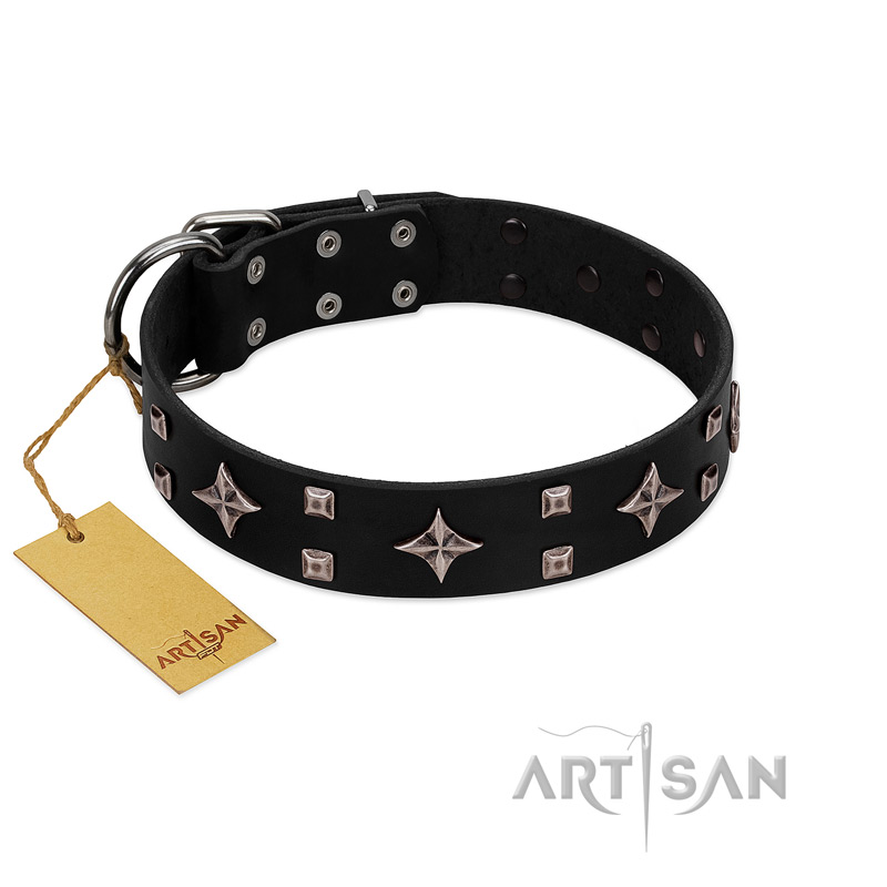 (image for) "Snappy Dresser" FDT Artisan Black Leather American Bulldog Collar Adorned with Stars and Tiny Squares