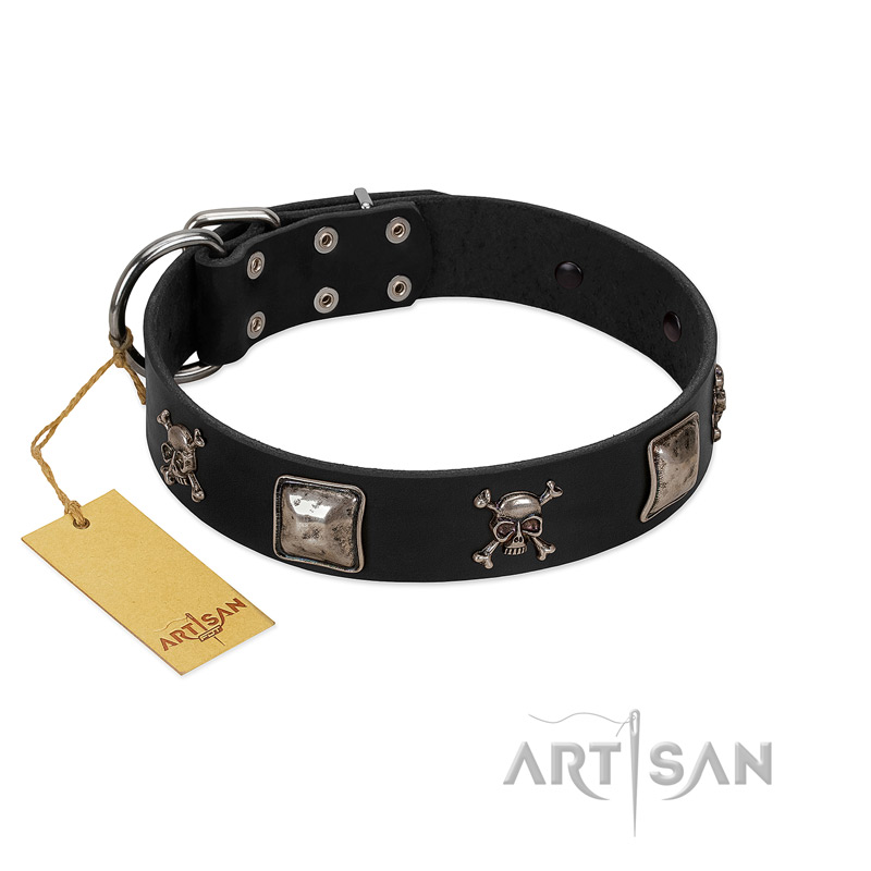 (image for) "Sea Rover" Embellished FDT Artisan Black Leather American Bulldog Collar with Chrome Plated Crossbones and Plates