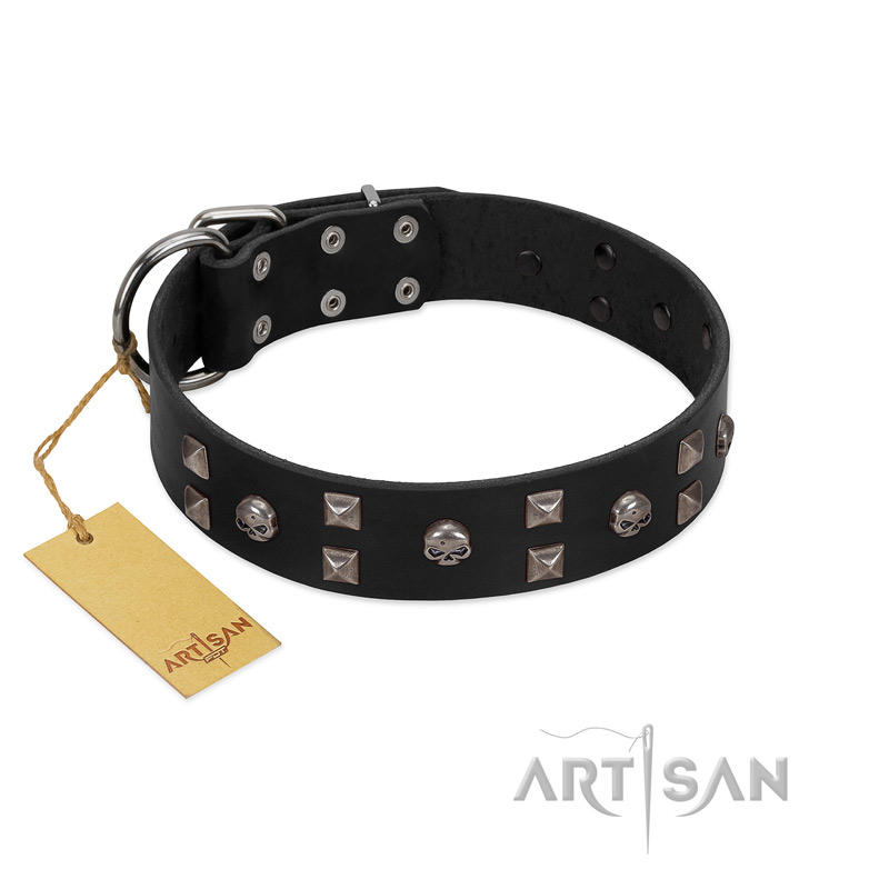 (image for) "Fire Eyes" Designer Handmade FDT Artisan Black Leather American Bulldog Collar