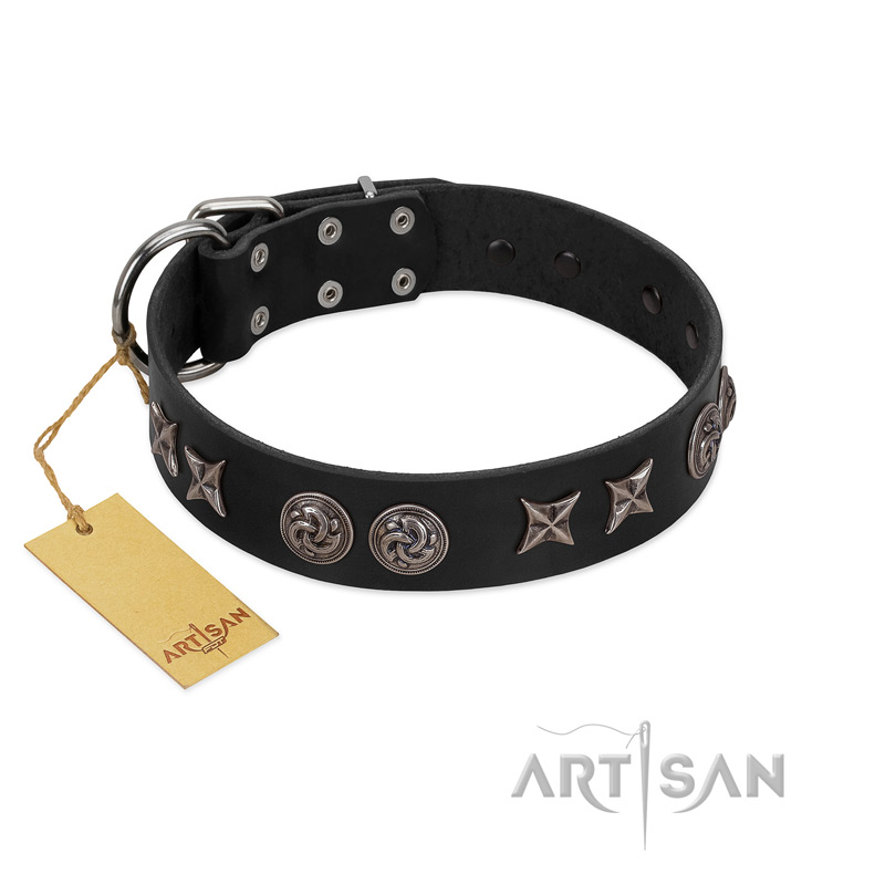 (image for) "Century Silver" Designer Handmade FDT Artisan Black Leather American Bulldog Collar