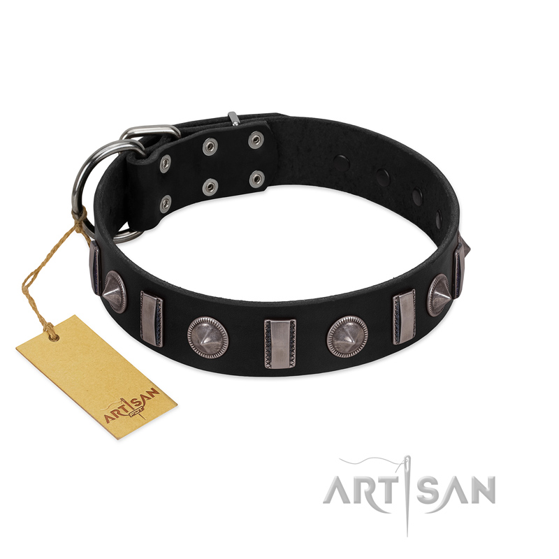 (image for) "Silver Spikes" Exclusive FDT Artisan Black Leather American Bulldog Collar