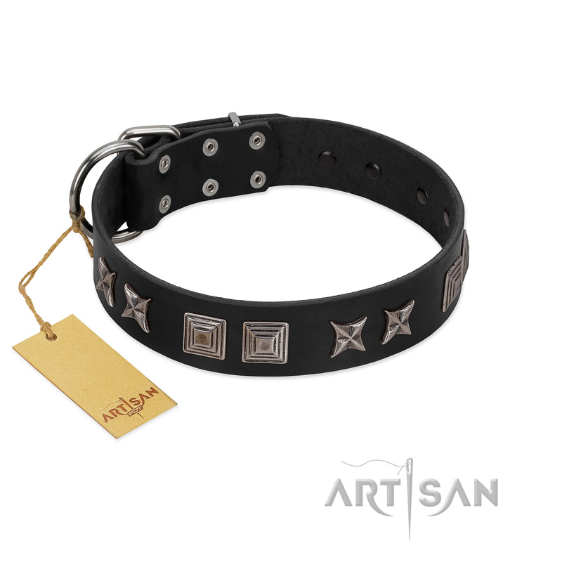 (image for) "Silver River" Designer Handmade FDT Artisan Black Leather American Bulldog Collar