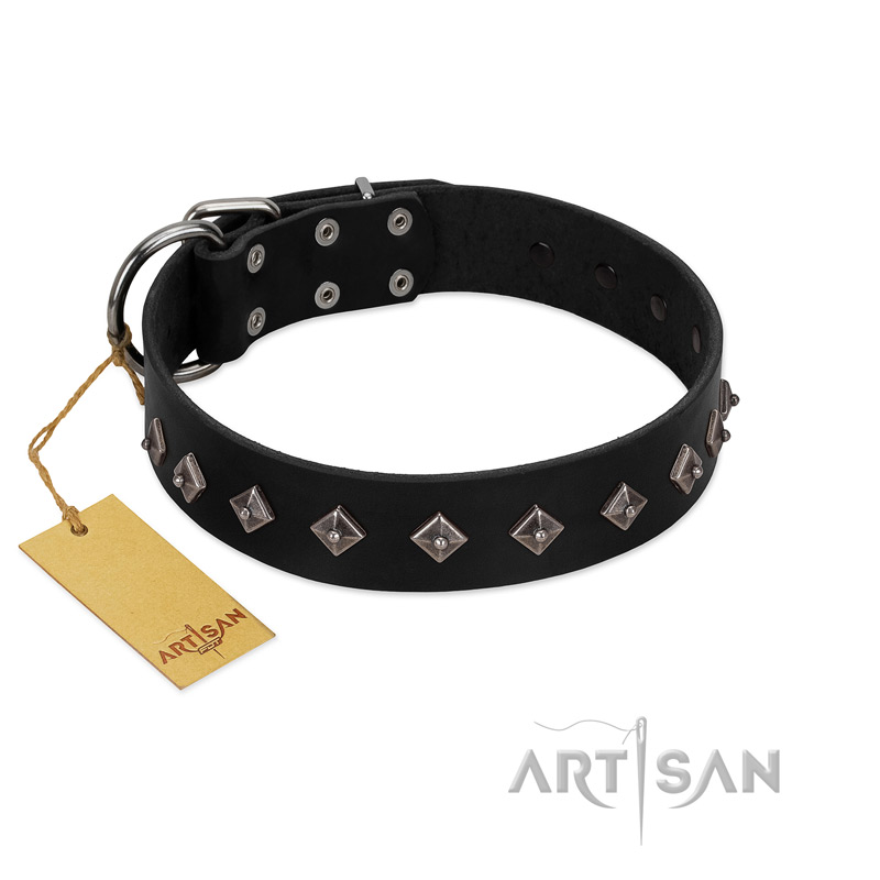 (image for) "Immense Power" Handcrafted FDT Artisan Black Leather American Bulldog Collar with Small Dotted Pyramids