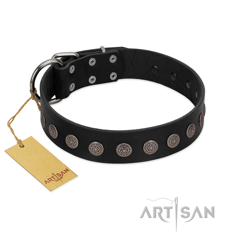 (image for) "Silent Star" Handmade FDT Artisan Designer Black Leather American Bulldog Collar with Engraved Plates