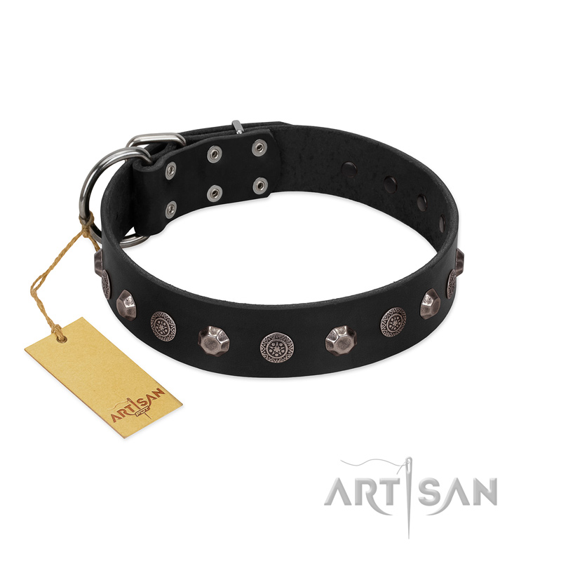 (image for) "Black Knight" Handmade FDT Artisan Black Leather American Bulldog Collar with Silver-Like Studs
