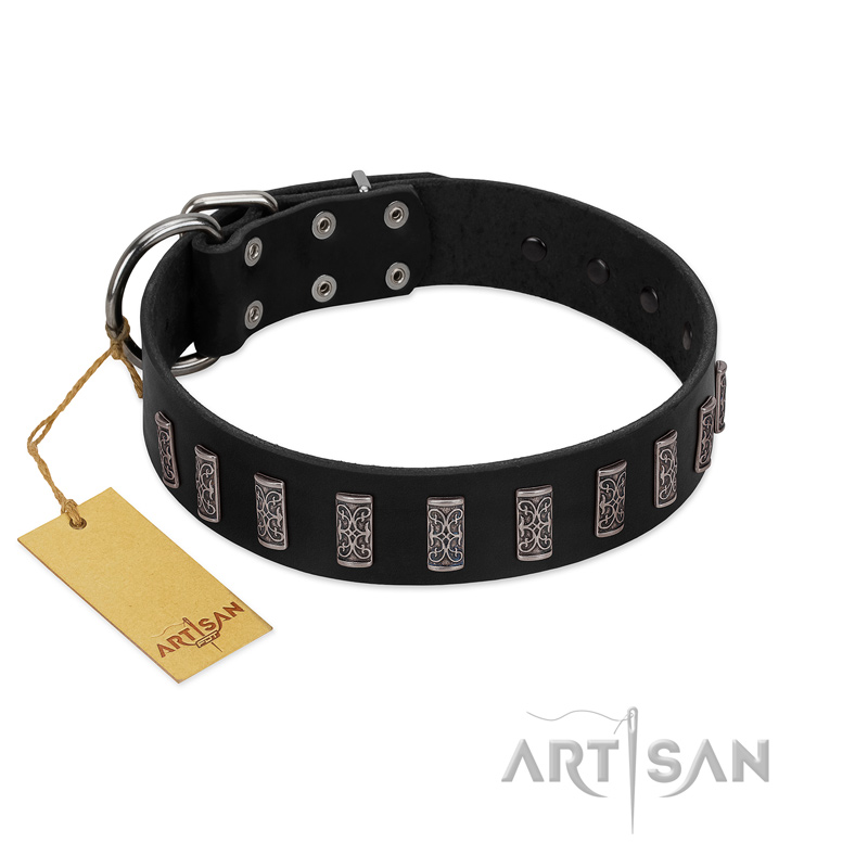 (image for) "Black Prince" Handmade FDT Artisan Black Leather American Bulldog Collar with Silver-Like Adornments