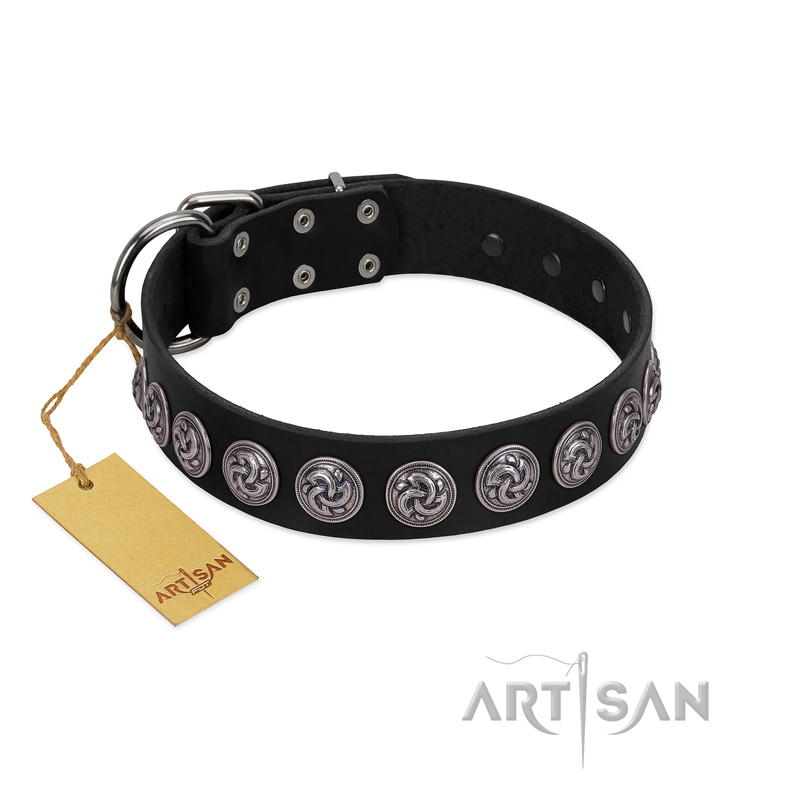 (image for) "Black Raven" Handmade FDT Artisan Black Leather American Bulldog Collar with Silver-Like Adornments