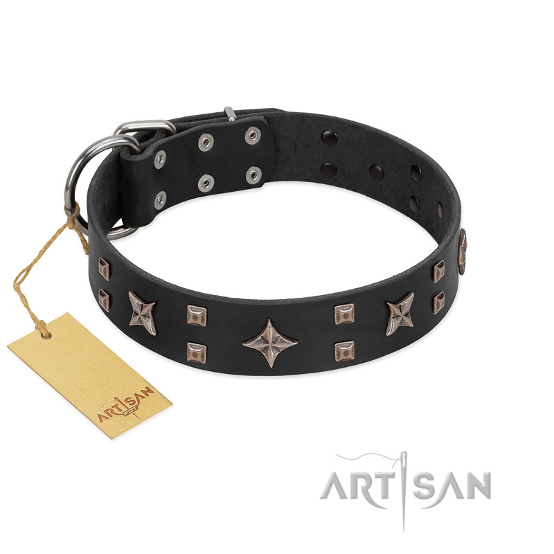 (image for) "Star Excitement" Modern FDT Artisan Black Leather American Bulldog Collar with Studs and Stars