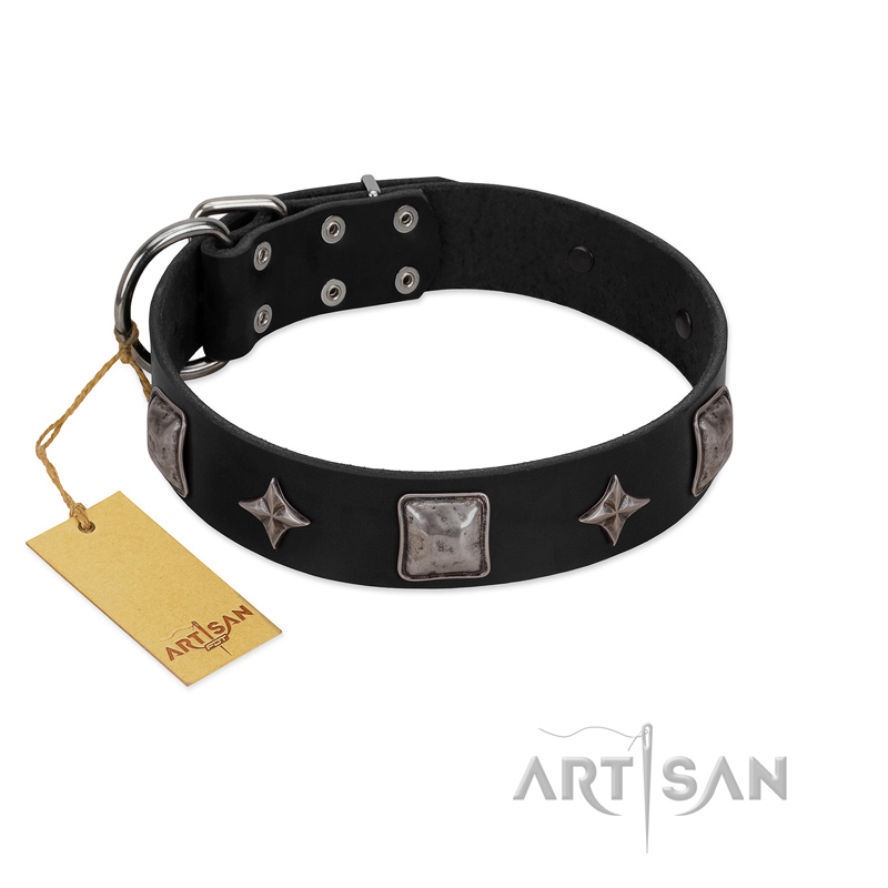 (image for) "Black Cavalier" Handmade FDT Artisan Black Leather American Bulldog Collar with Silver-Like Stars and Large Plates