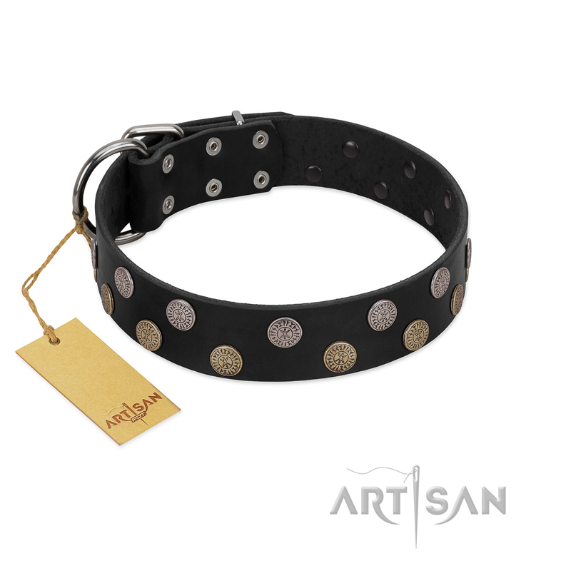 (image for) "Egyptian Style" Handcrafted FDT Artisan Black Leather American Bulldog Collar with Medallions