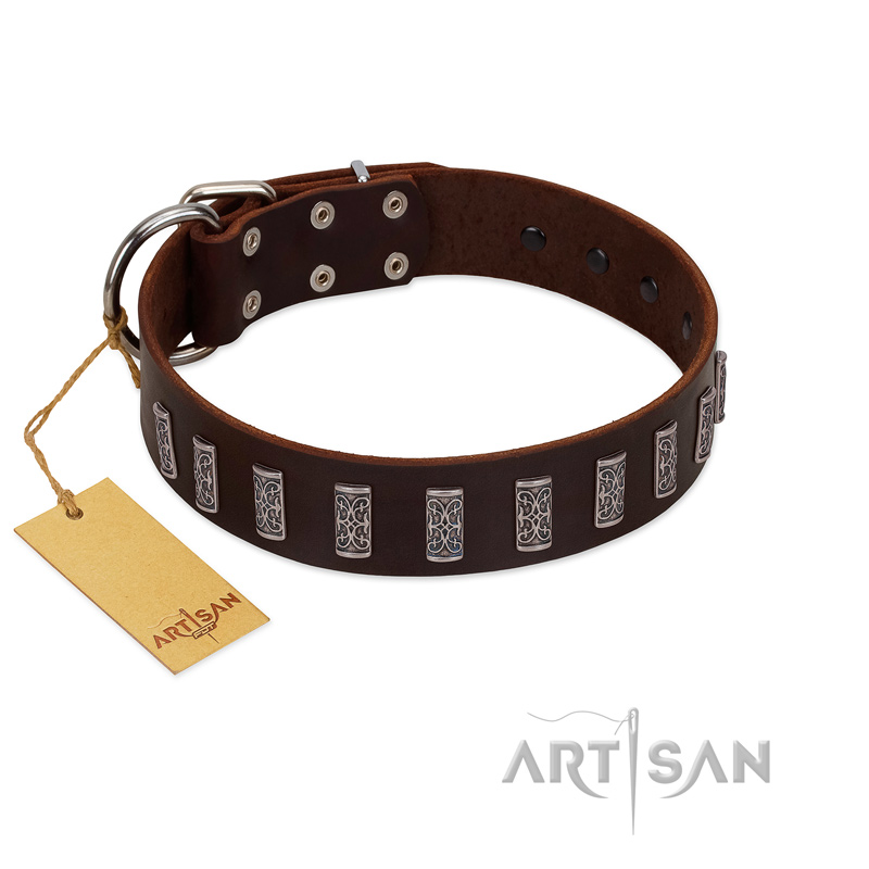 (image for) "Brown Lace" Handmade FDT Artisan Brown Leather American Bulldog Collar for Everyday Walks