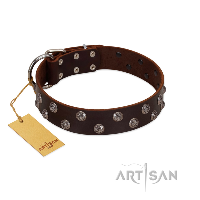 (image for) "Blossom Jewel" FDT Artisan Brown Leather American Bulldog Collar with Two Rows of Silver-like Studs with Engraved Flowers