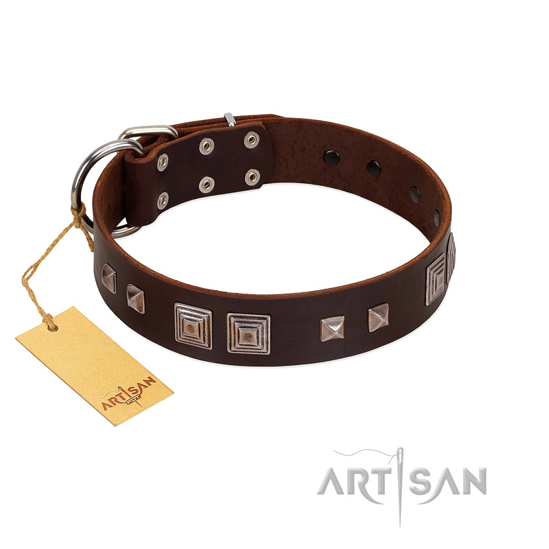 (image for) "Object of Virtu" FDT Artisan Brown Leather American Bulldog Collar with Old Silver-like Square Studs and Pyramids
