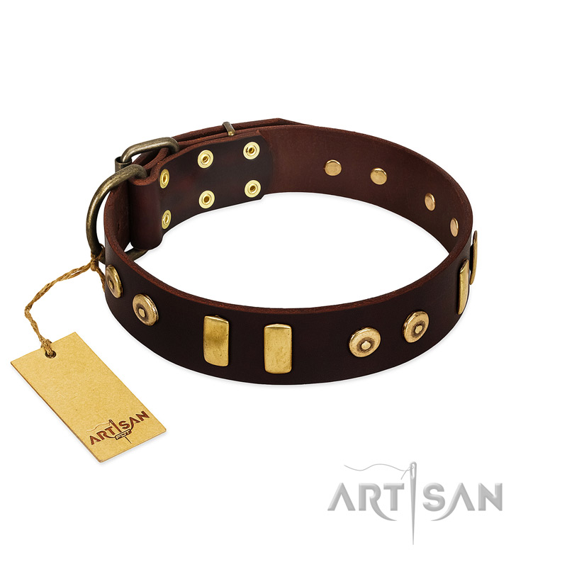 (image for) "Lord of Dogs" FDT Artisan Brown Leather American Bulldog Collar with Old Bronze-like Dotted Studs and Tiles