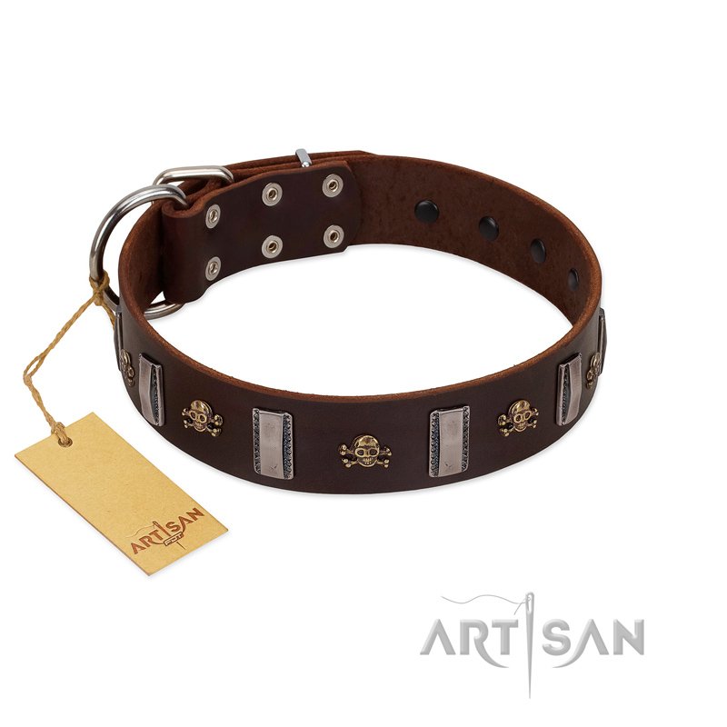 (image for) "War Chief" FDT Artisan Genuine Brown Leather American Bulldog Collar with Skulls and Plates