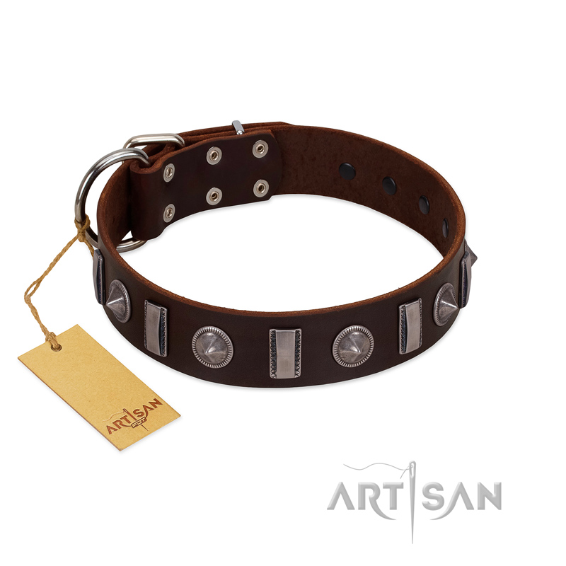 (image for) "Spiky Way" FDT Artisan Brown Leather American Bulldog Collar with Silver-Like Decorations