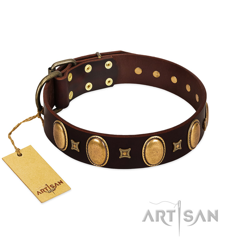 (image for) "Crystal Mirror" FDT Artisan Handmade Brown Leather American Bulldog Collar - 1 1/2 inch (40 mm) Wide