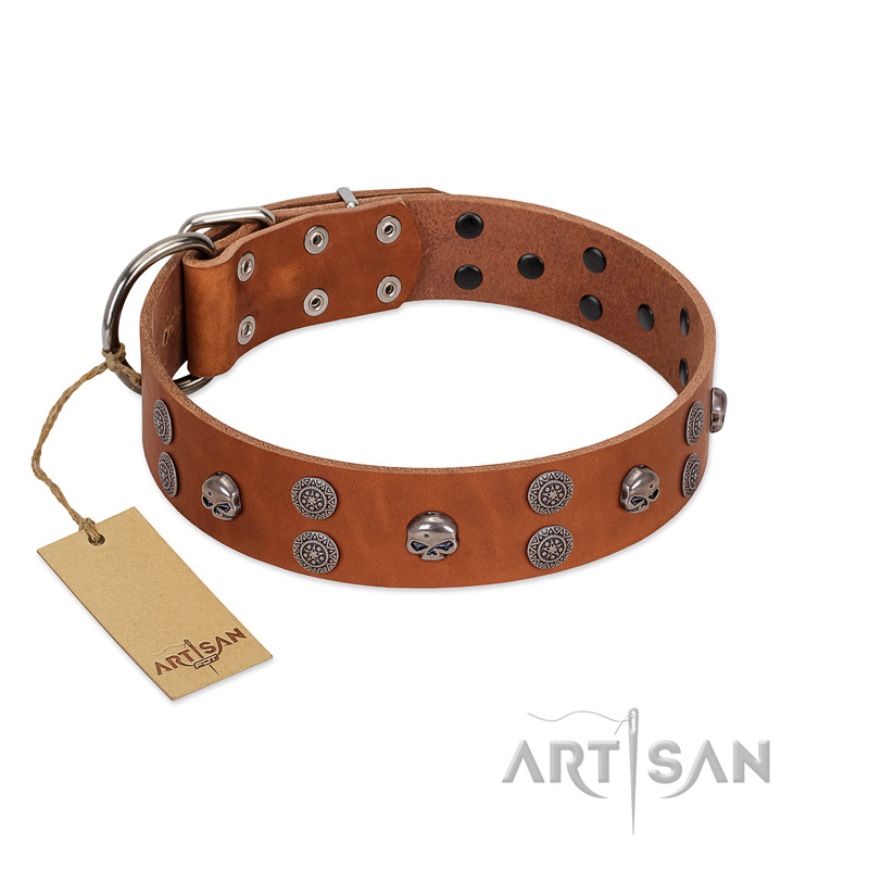 (image for) "Road Rider" FDT Artisan Tan Leather American Bulldog Collar with Old Silver-like Skulls and Medallions - Click Image to Close