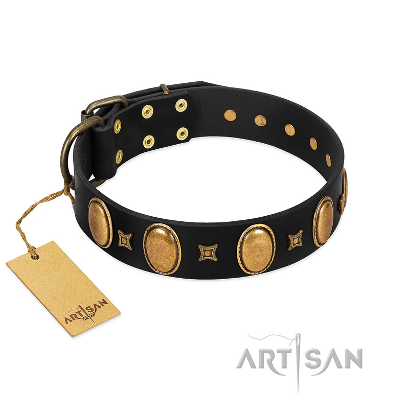 (image for) "Doggie Woggie" Designer Handmade FDT Artisan Black Leather American Bulldog Collar with Ovals and Studs