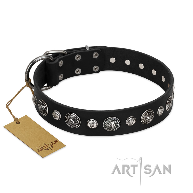(image for) "Vintage Elegance" FDT Artisan Black Leather American Bulldog Collar with Engraved Brooches and Studs