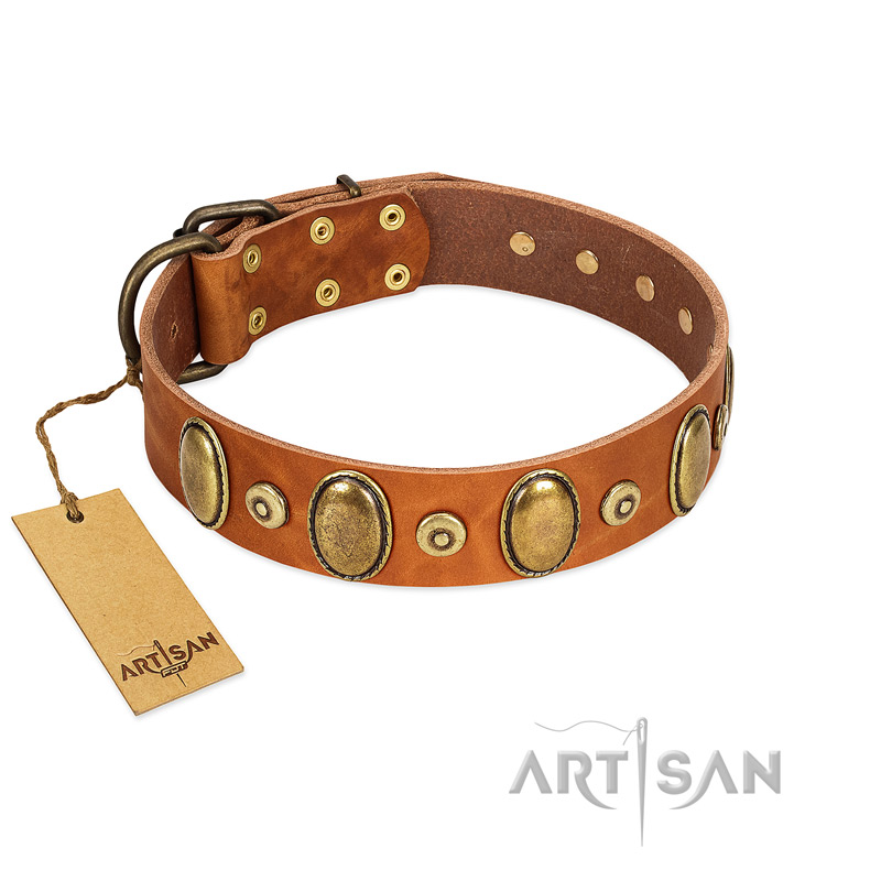 (image for) "Crystal Sand" FDT Artisan Tan Leather American Bulldog Collar with Vintage Looking Oval and Round Studs
