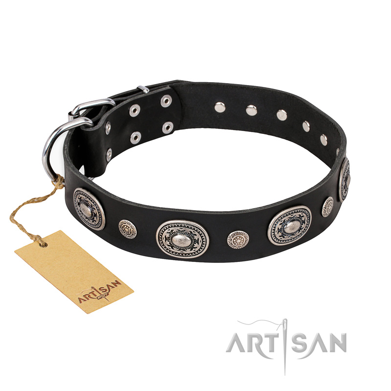 (image for) "Black Tie" FDT Artisan Leather American Bulldog Collar with Old Silver-like Decorations