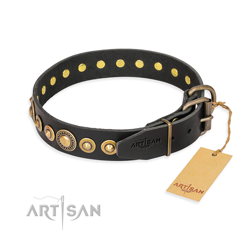 (image for) "Gold Mine" FDT Artisan Black Leather American Bulldog Collar with Amazing Bronze-Plated Round Studs