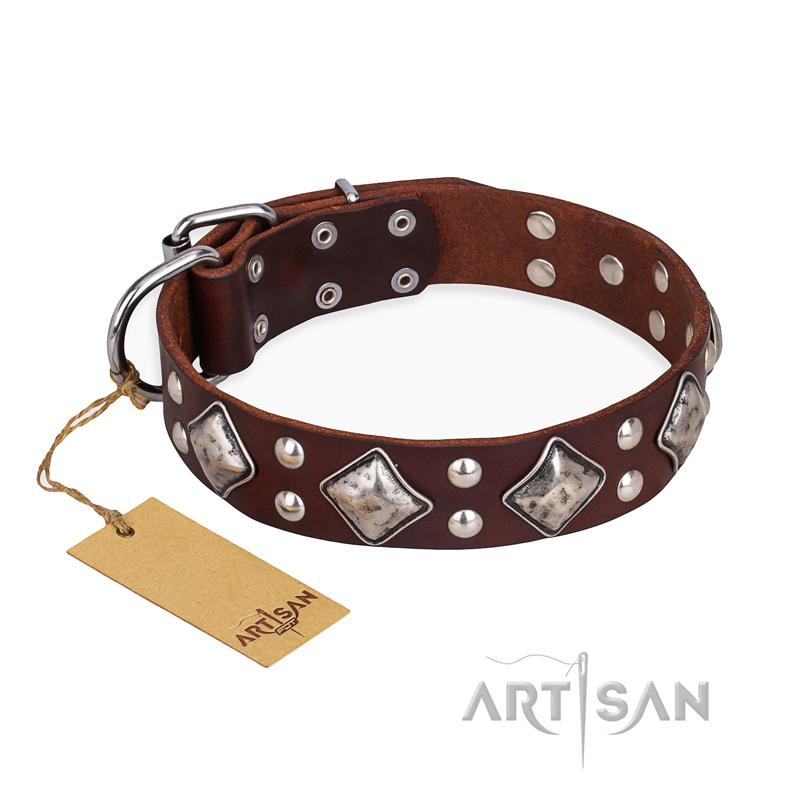 (image for) "King of Grace" FDT Artisan Stylish Leather American Bulldog Collar with Old Silver-Like Plated Decorations