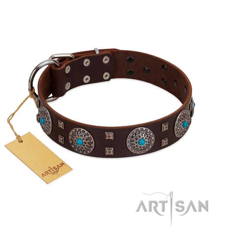 (image for) "Hypnotic Stones" FDT Artisan Brown Leather American Bulldog Collar with Chrome Plated Brooches and Square Studs - Click Image to Close