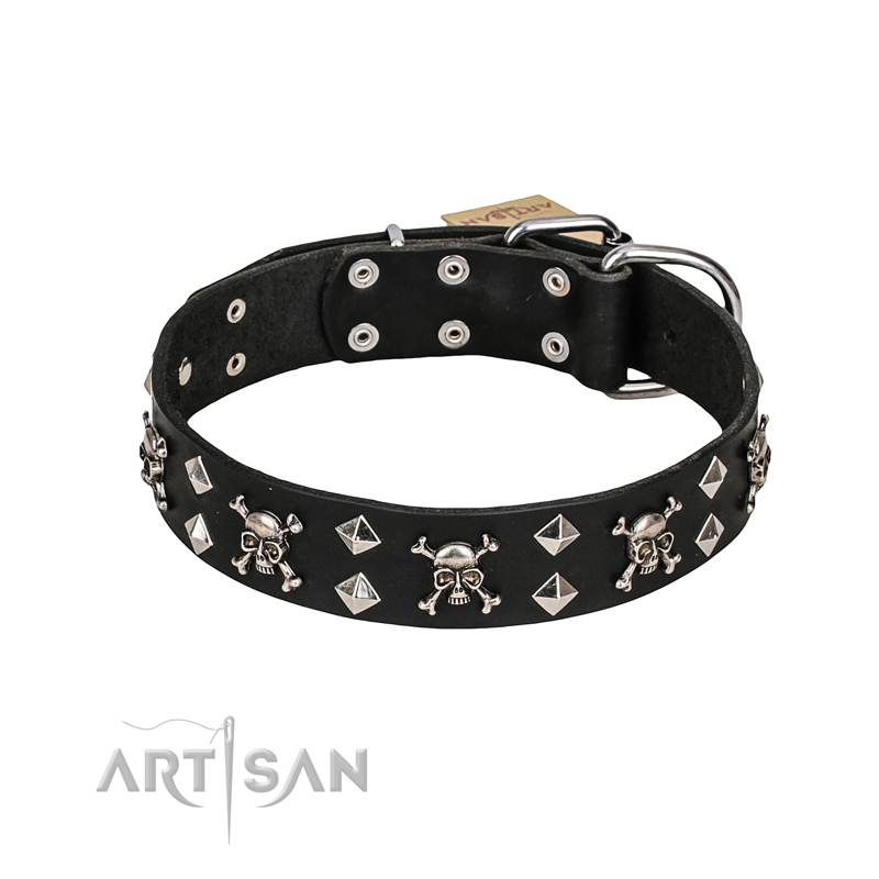 (image for) FDT Artisan 'Rock 'n' Roll Style' Fancy Leather American Bulldog Collar with Skulls, Bones and Studs 1 1/2 inch (40 mm) wide
