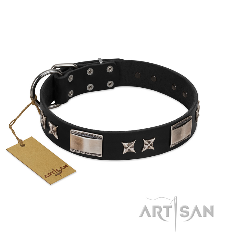 (image for) "Pitch Dark" FDT Artisan Black Leather American Bulldog Collar with Stars and Plates